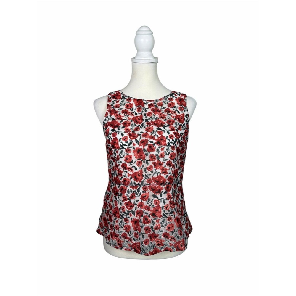 Zara Basic Floral Sleeveless Blouse XS Red Poppy Print Peplum Hem Romantic Top